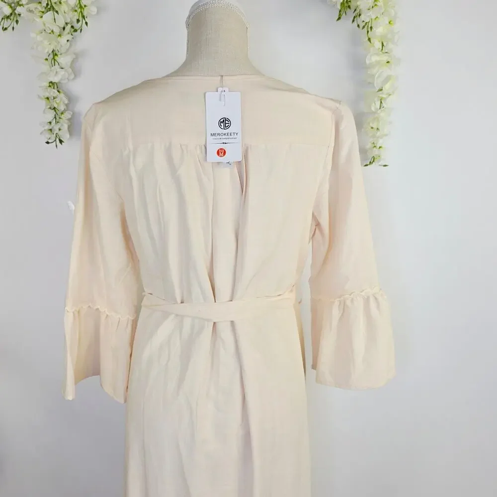 New MEROKEETY Midi Dress Medium Cream Tie Waist Bell Sleeve Cottagecore Milkmaid - Picture 6 of 13